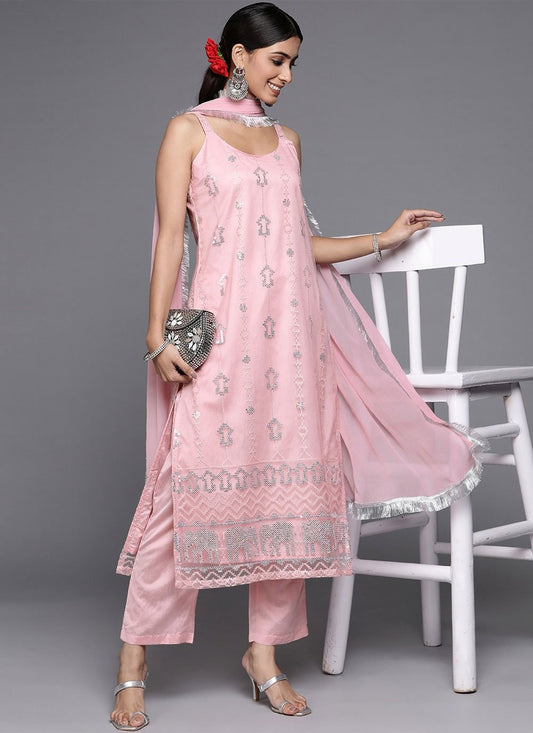 Straight Salwar Suit Net Pink Embroidered Salwar Kameez