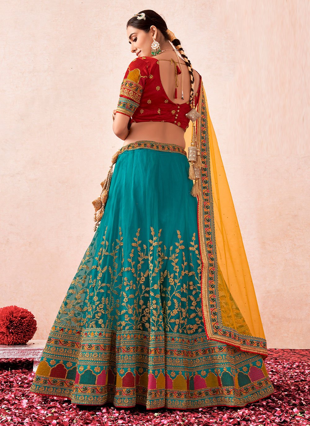 Lehenga Choli Net Turquoise Embroidered Lehenga Choli