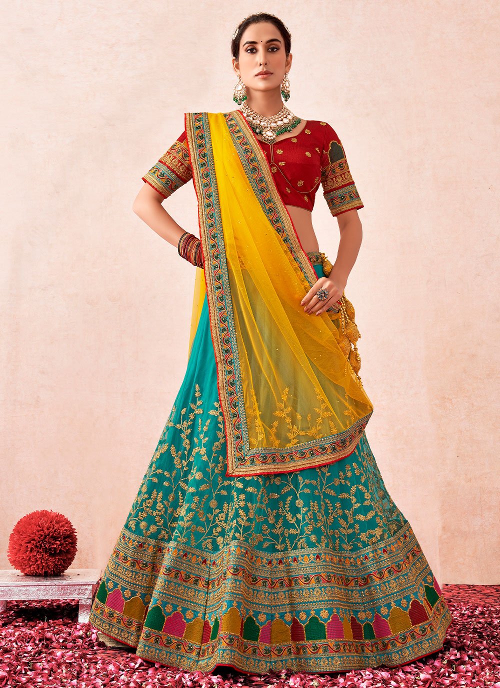 Lehenga Choli Net Turquoise Embroidered Lehenga Choli