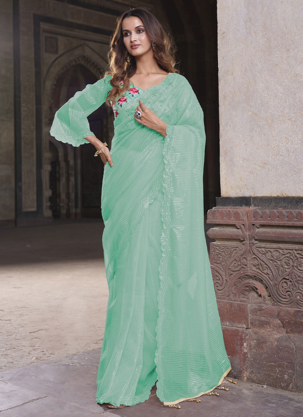 Designer Net Turquoise Sequins Saree