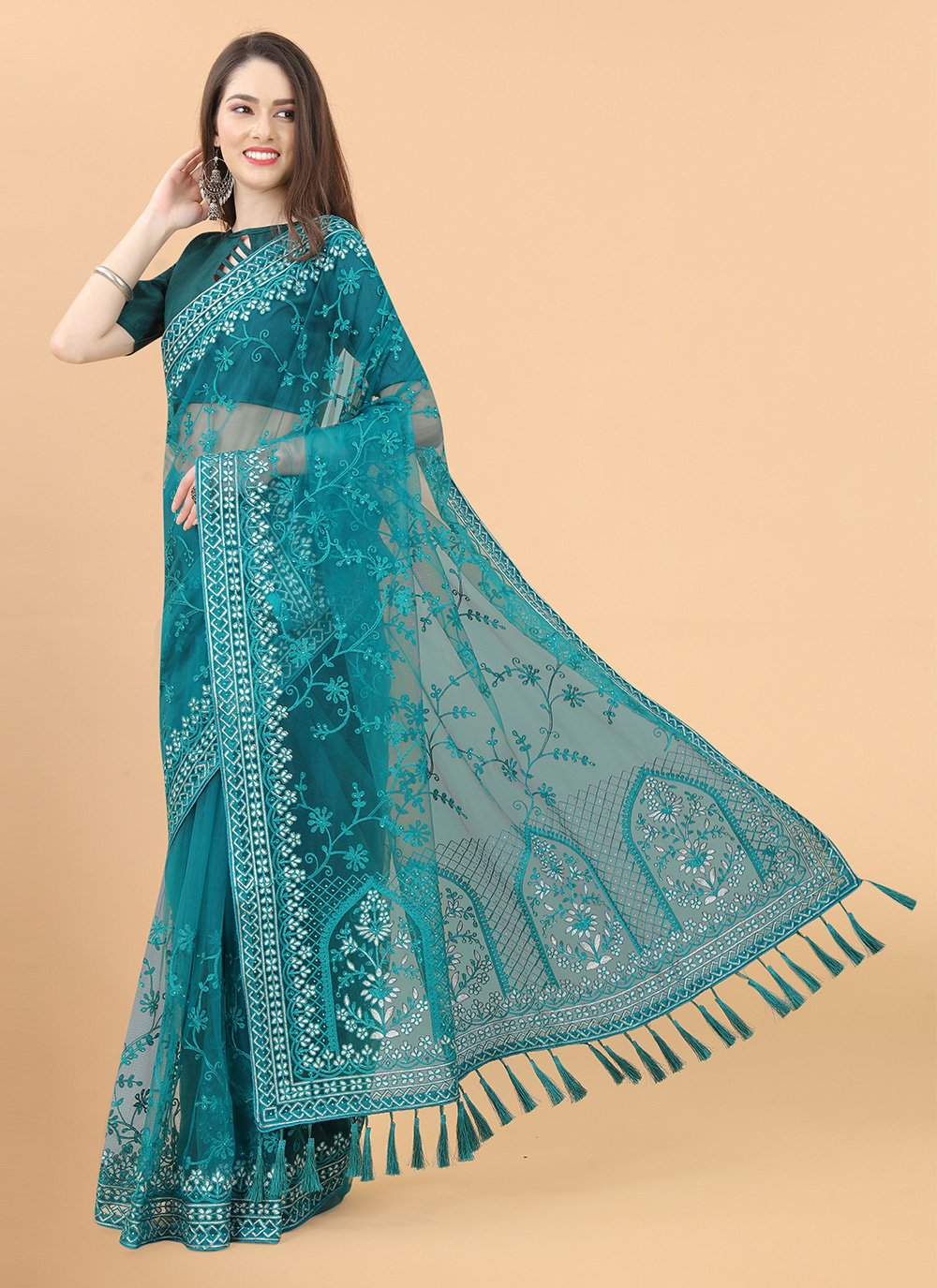 Contemporary Net Turquoise Aari Work Saree