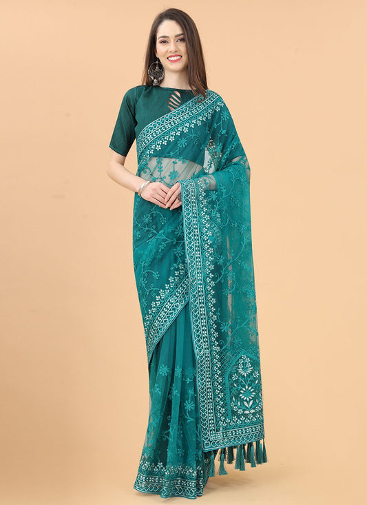 Contemporary Net Turquoise Aari Work Saree