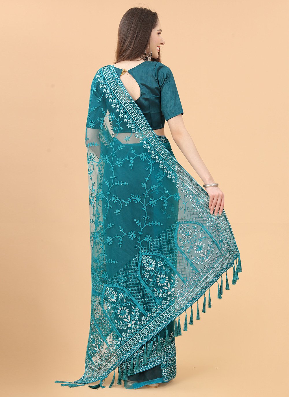 Contemporary Net Turquoise Aari Work Saree