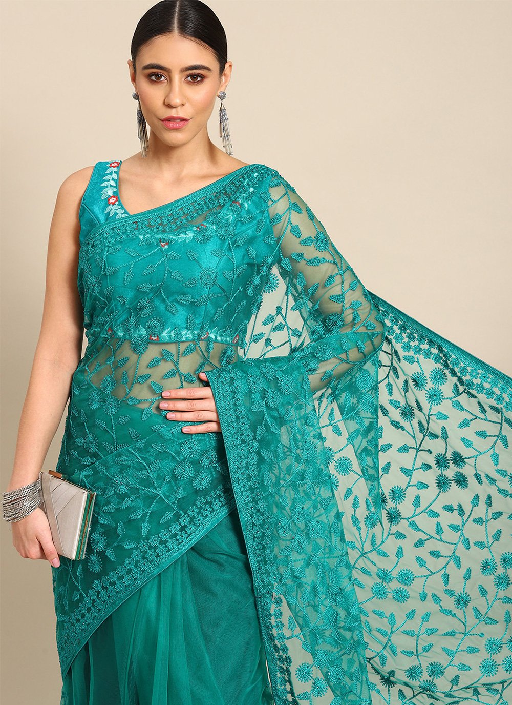 Contemporary Net Turquoise Embroidered Saree