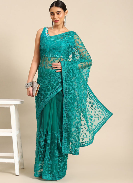 Contemporary Net Turquoise Embroidered Saree