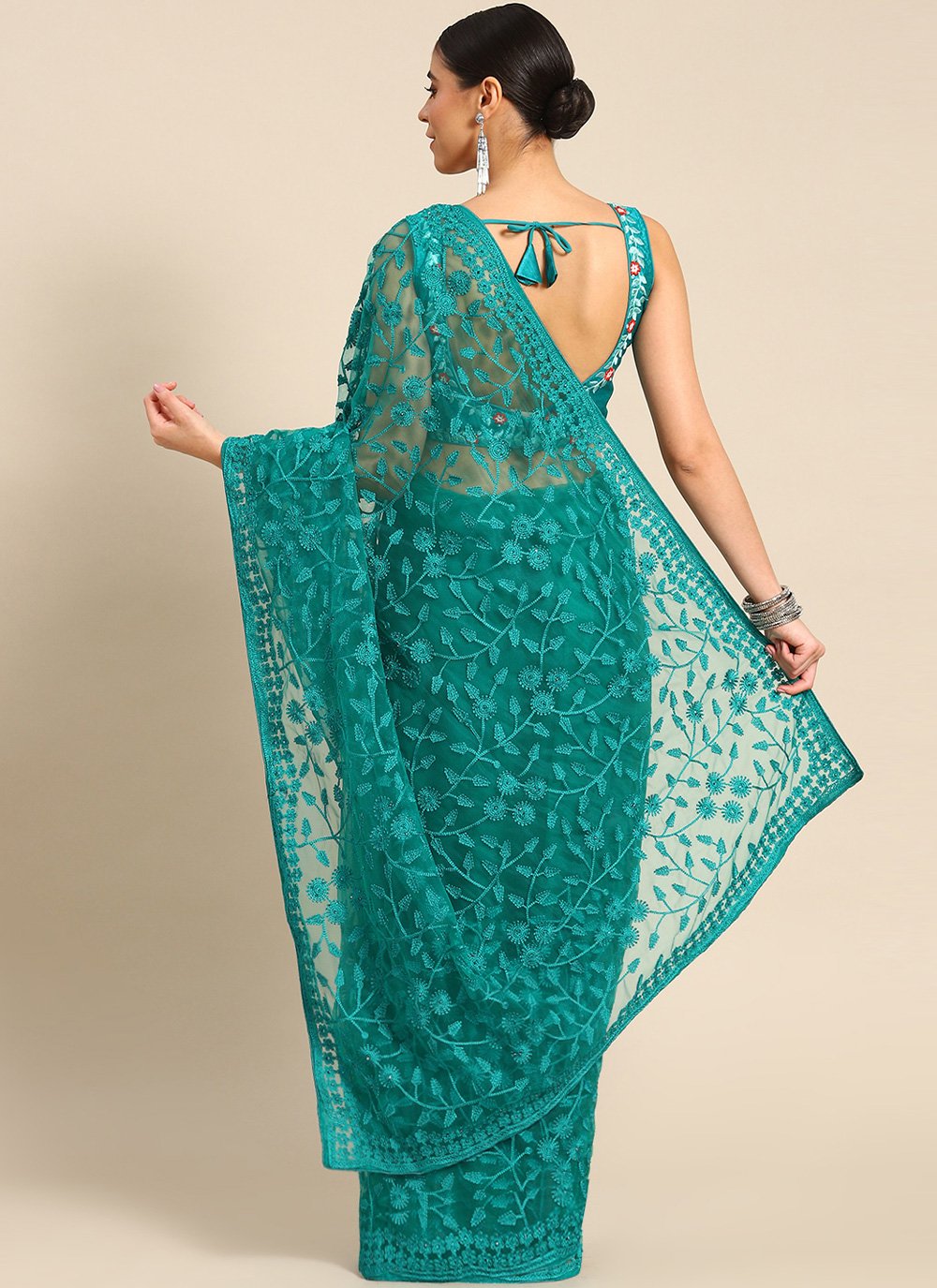 Contemporary Net Turquoise Embroidered Saree