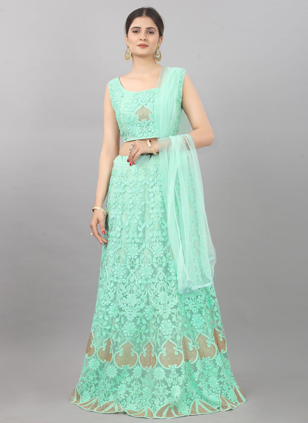 Lehenga Choli Net Turquoise Embroidered Lehenga Choli