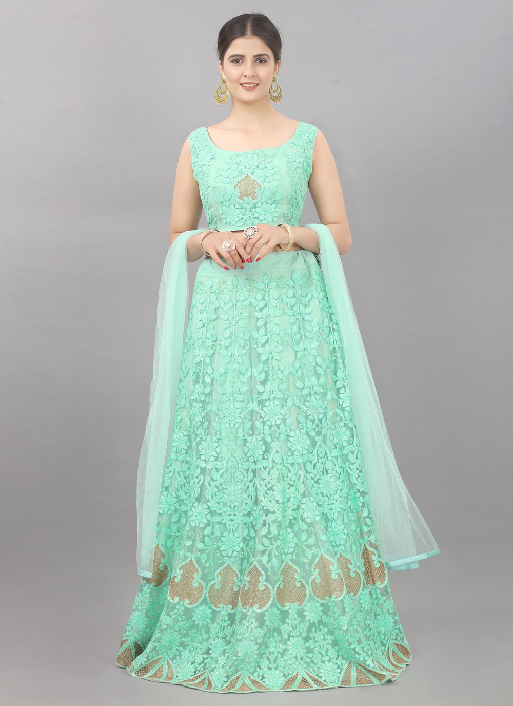 Lehenga Choli Net Turquoise Embroidered Lehenga Choli