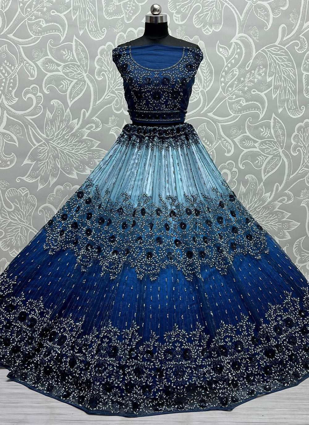 A Line Lehenga Net Blue Diamond Lehenga Choli