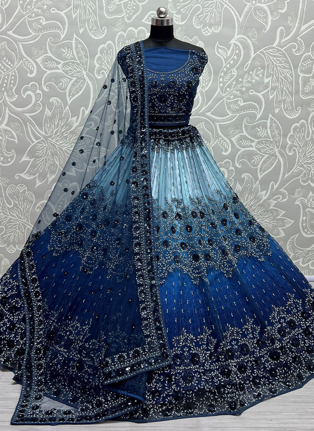 A Line Lehenga Net Blue Diamond Lehenga Choli