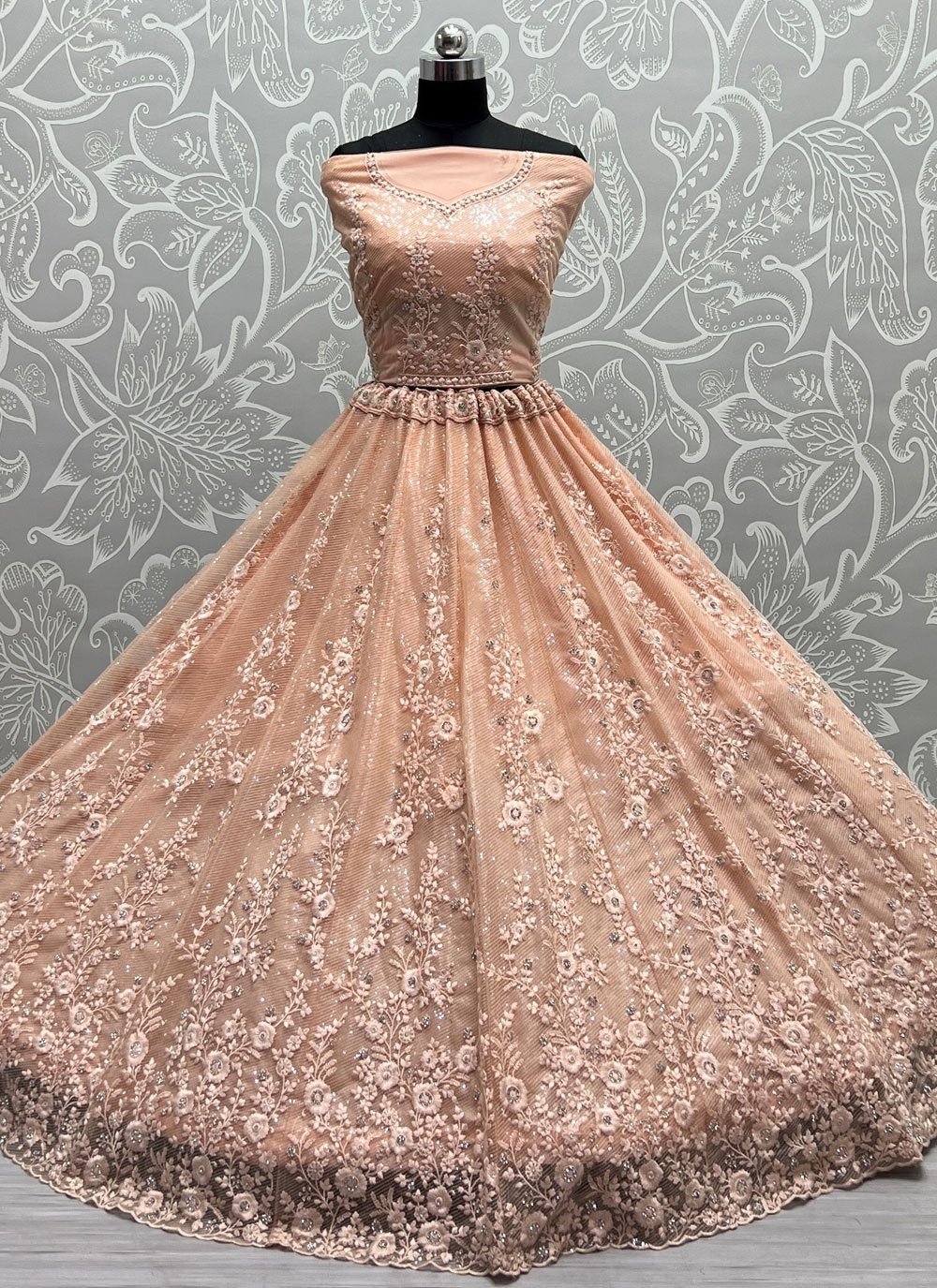 A Line Lehenga Net Peach Diamond Lehenga Choli