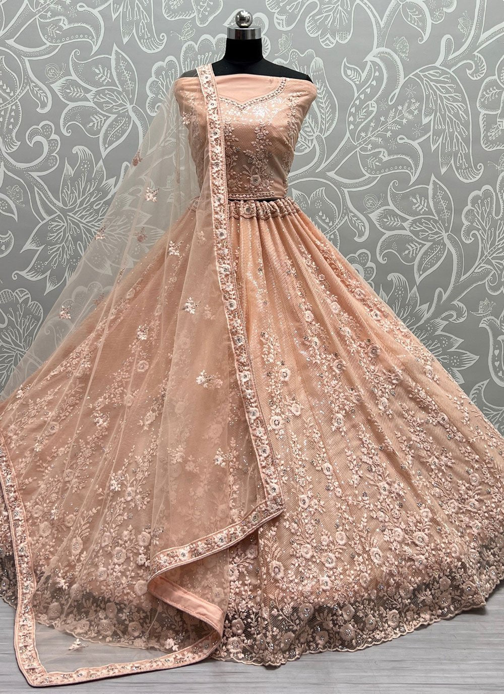 A Line Lehenga Net Peach Diamond Lehenga Choli