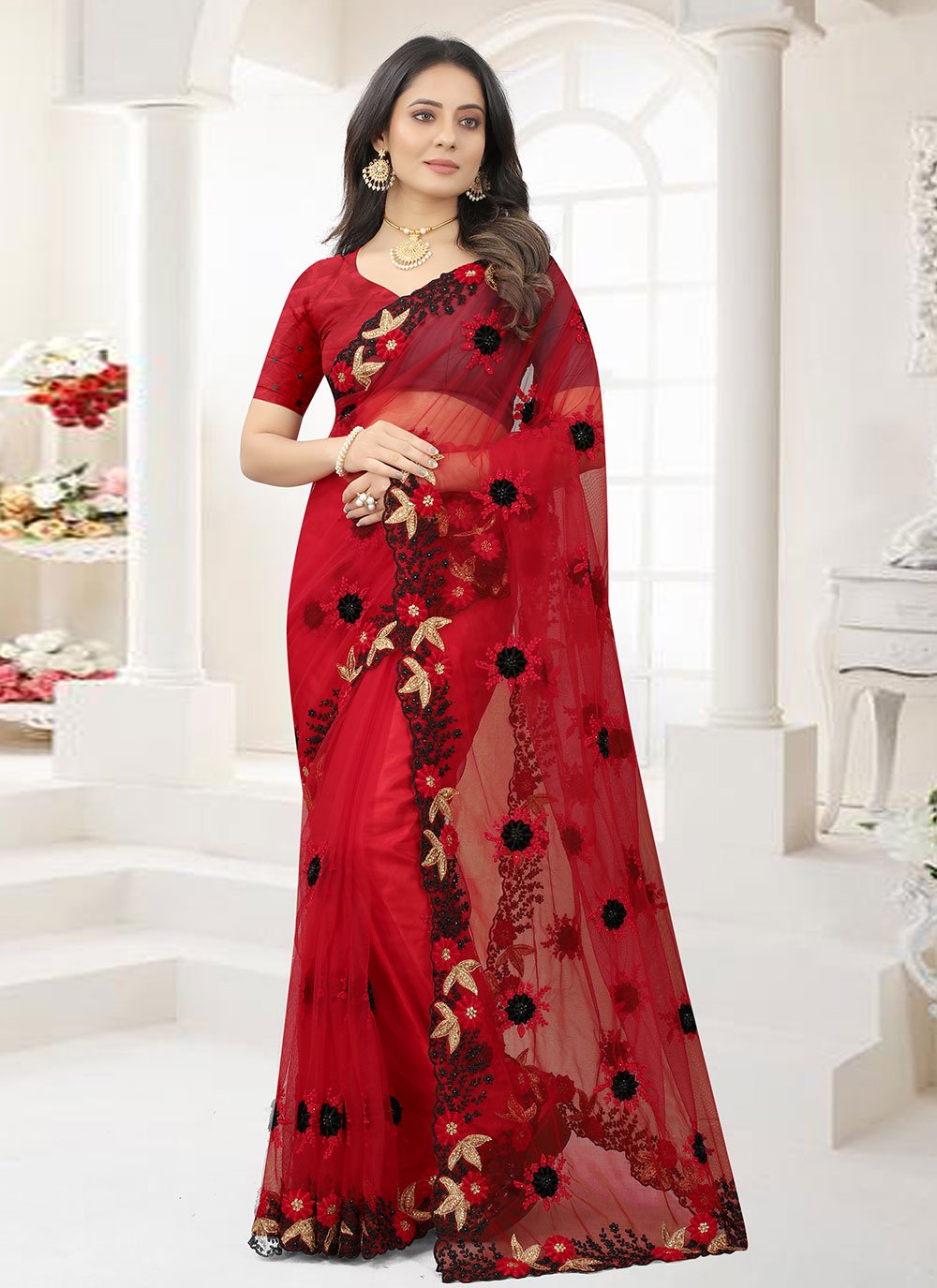 Trendy Saree Net Red Embroidered Saree