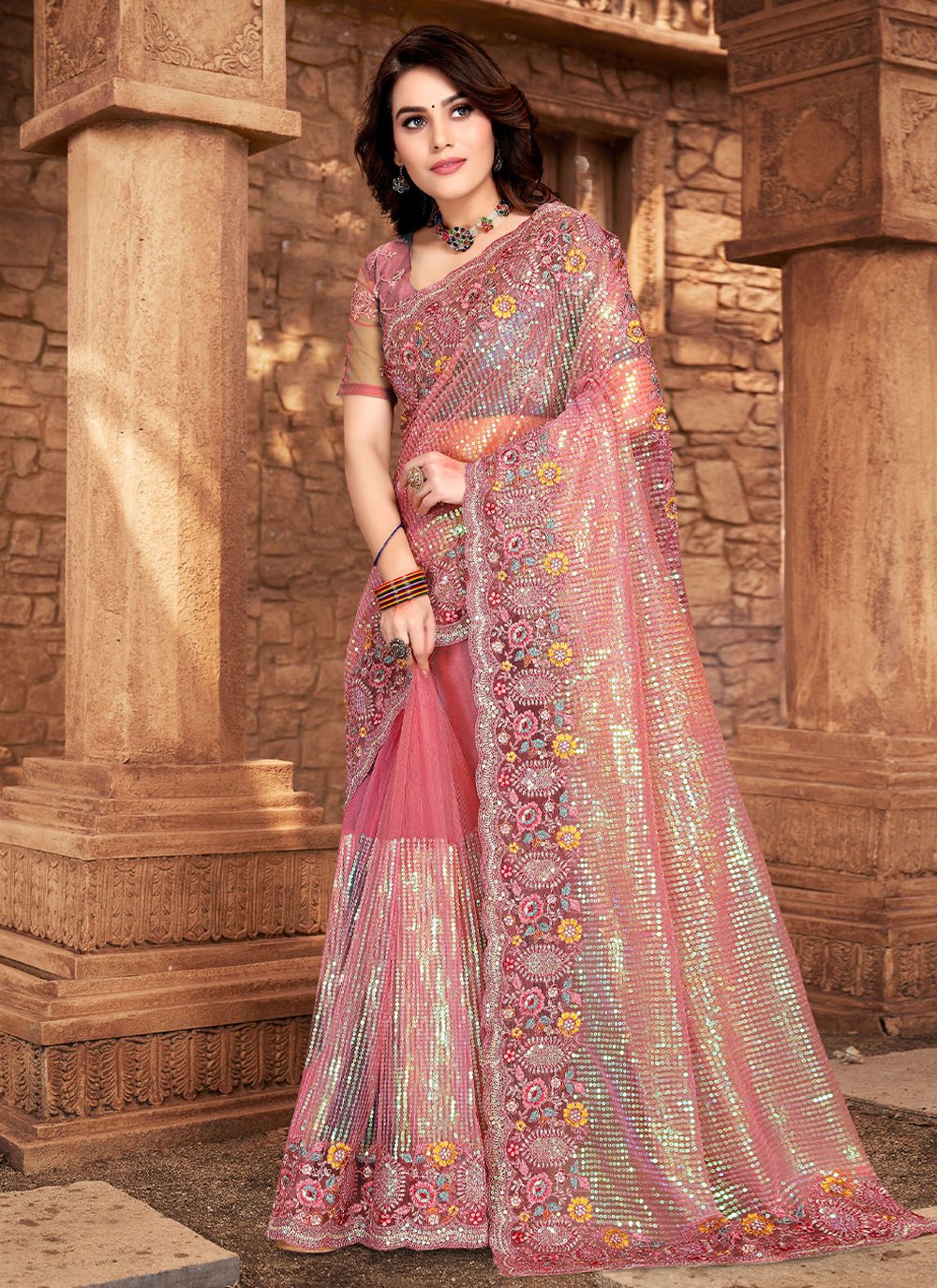 Trendy Saree Net Pink Embroidered Saree