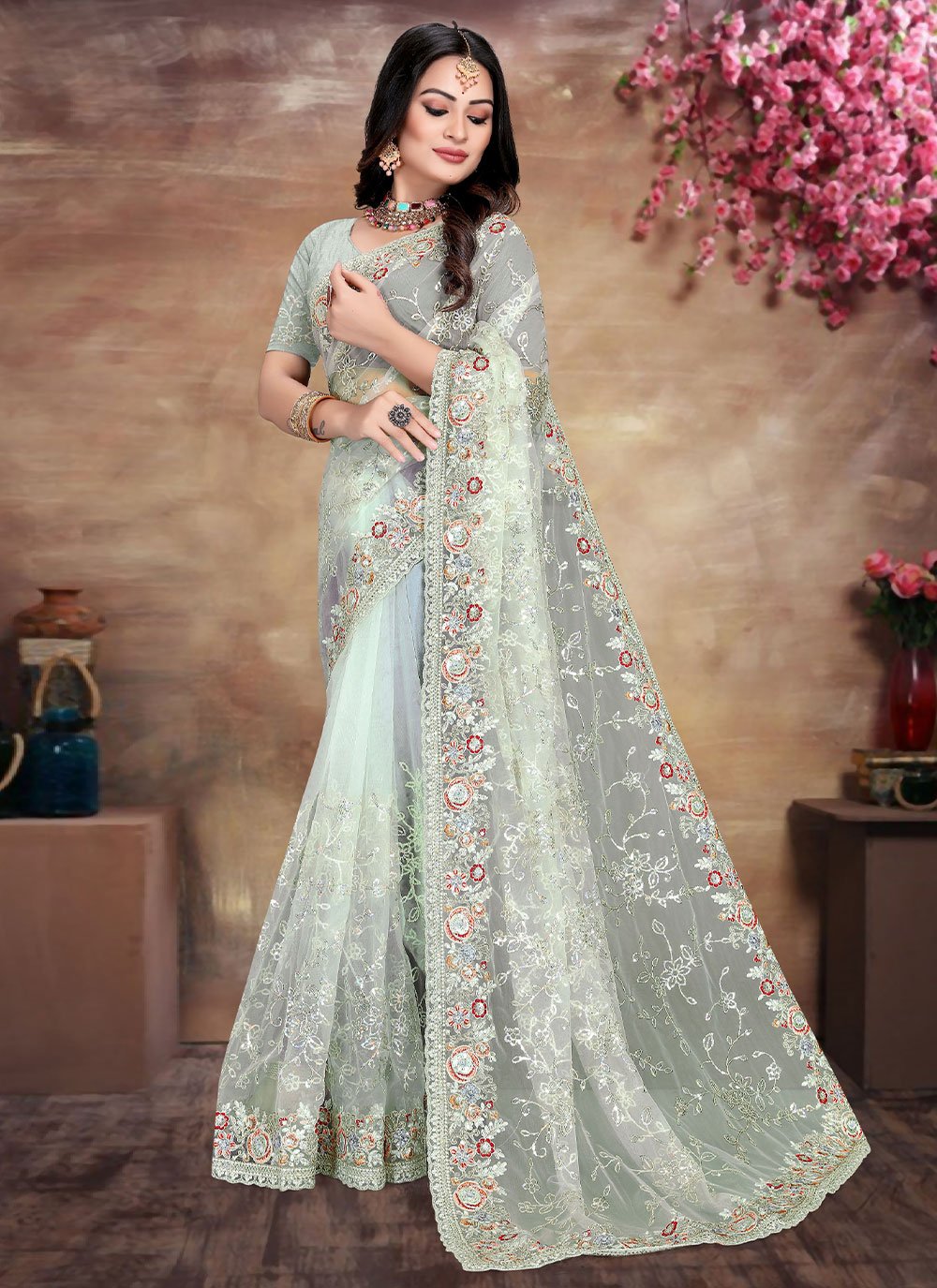 Contemporary Net White Cord Work Saree