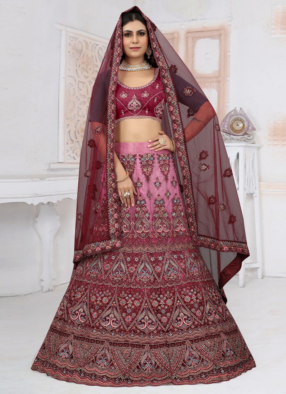 A Line Lehenga Net Wine Embroidered Lehenga Choli