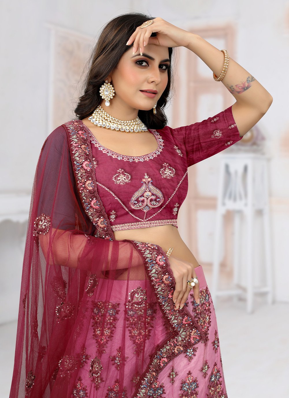 A Line Lehenga Net Wine Embroidered Lehenga Choli