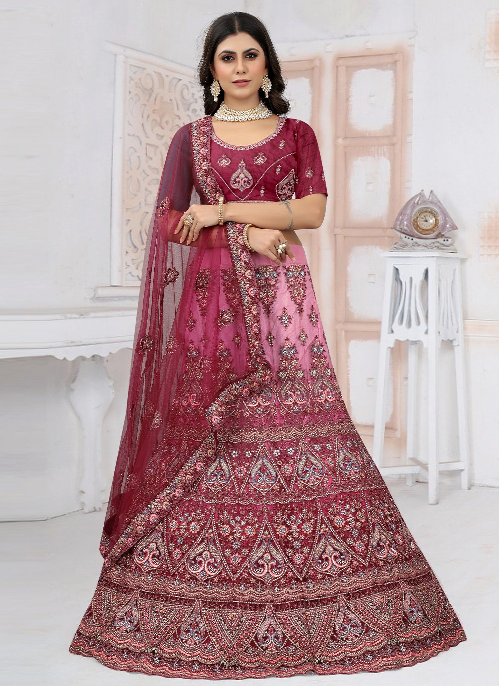 A Line Lehenga Net Wine Embroidered Lehenga Choli