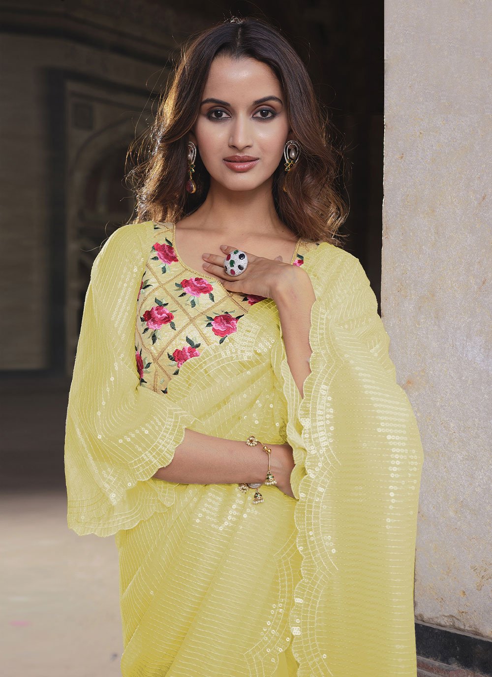 Classic Net Yellow Sequins Saree