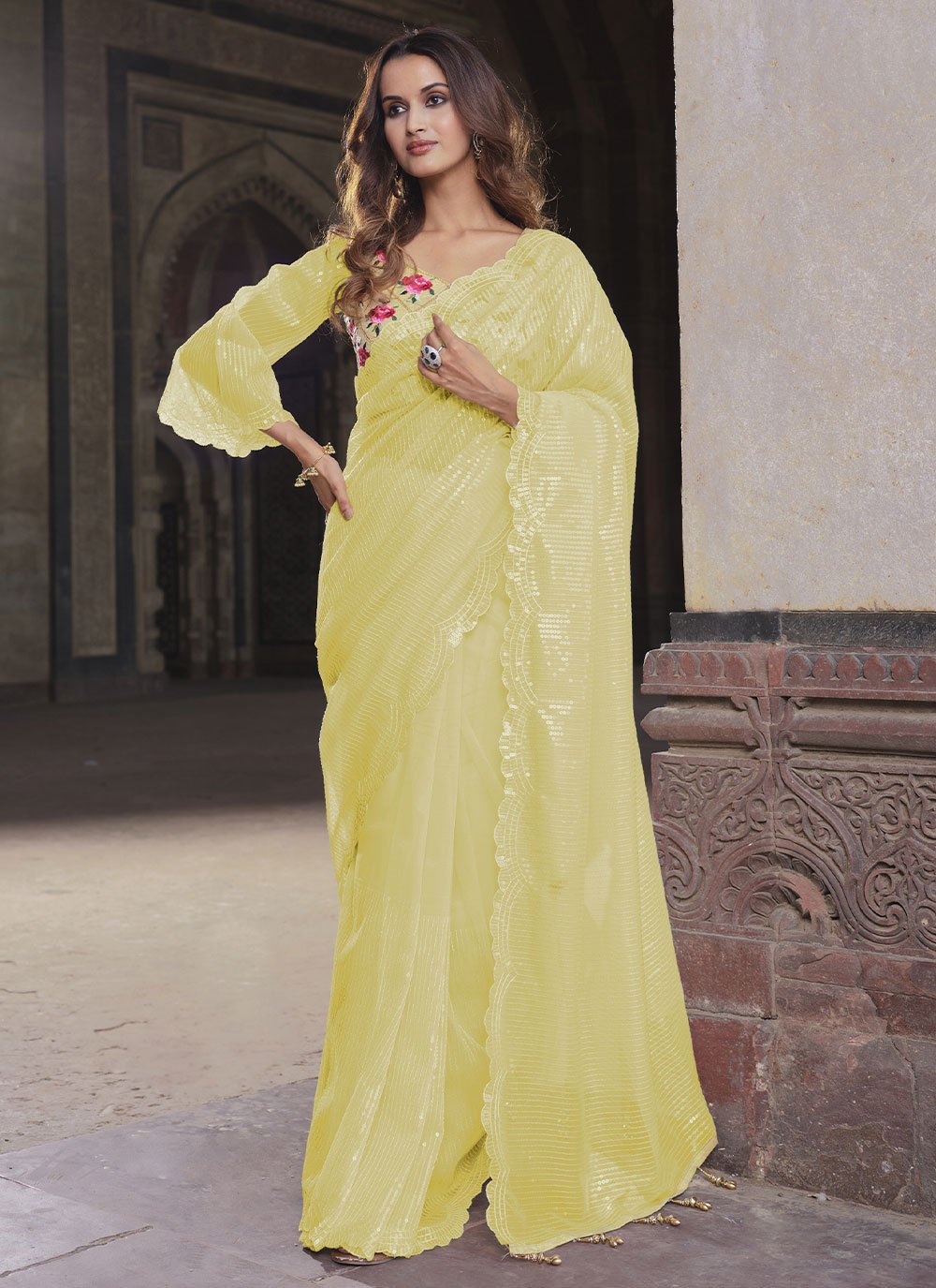 Classic Net Yellow Sequins Saree