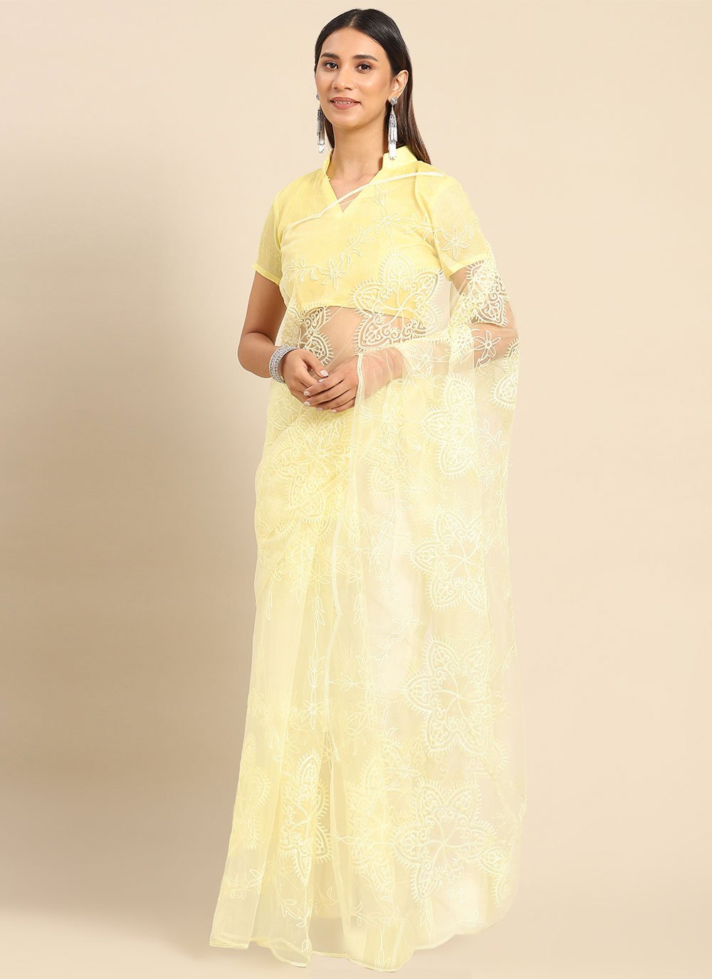 Classic Net Yellow Embroidered Saree