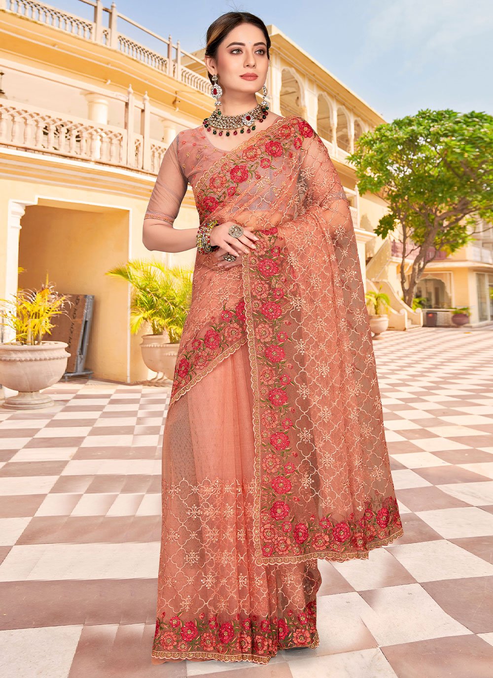 Classic Net Peach Embroidered Saree