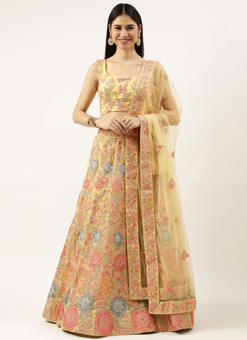 Lehenga Choli Net Yellow Embroidered Lehenga Choli