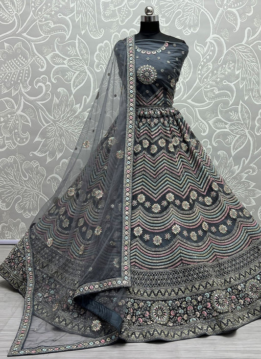 Lehenga Choli Net Grey Embroidered Lehenga Choli