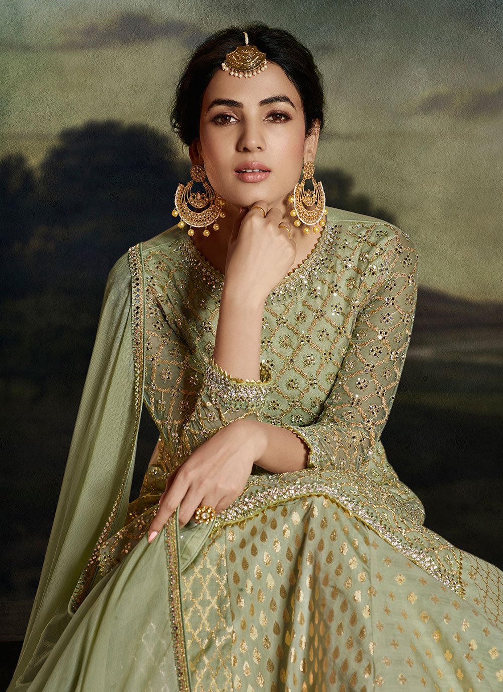 Palazzo Salwar Suit Net Green Embroidered Salwar Kameez