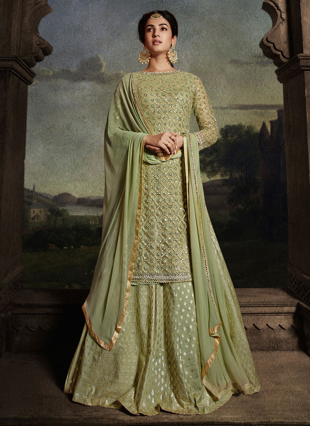 Palazzo Salwar Suit Net Green Embroidered Salwar Kameez