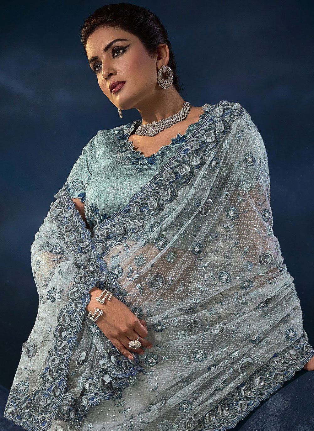 Classic Net Grey Embroidered Saree