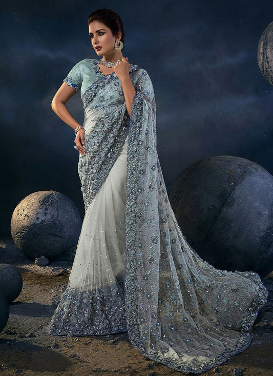 Classic Net Grey Embroidered Saree