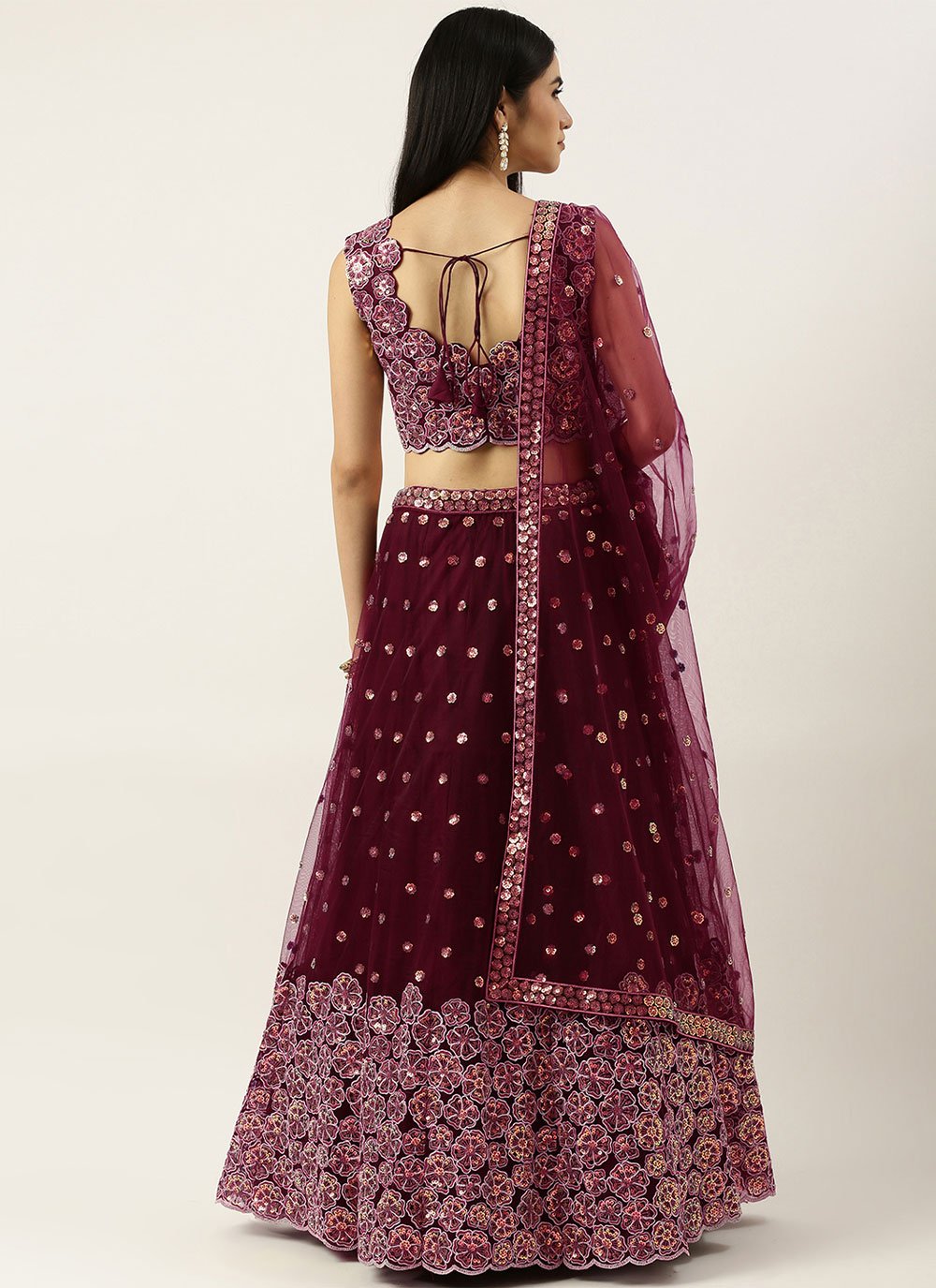 Lehenga Choli Net Maroon Embroidered Lehenga Choli