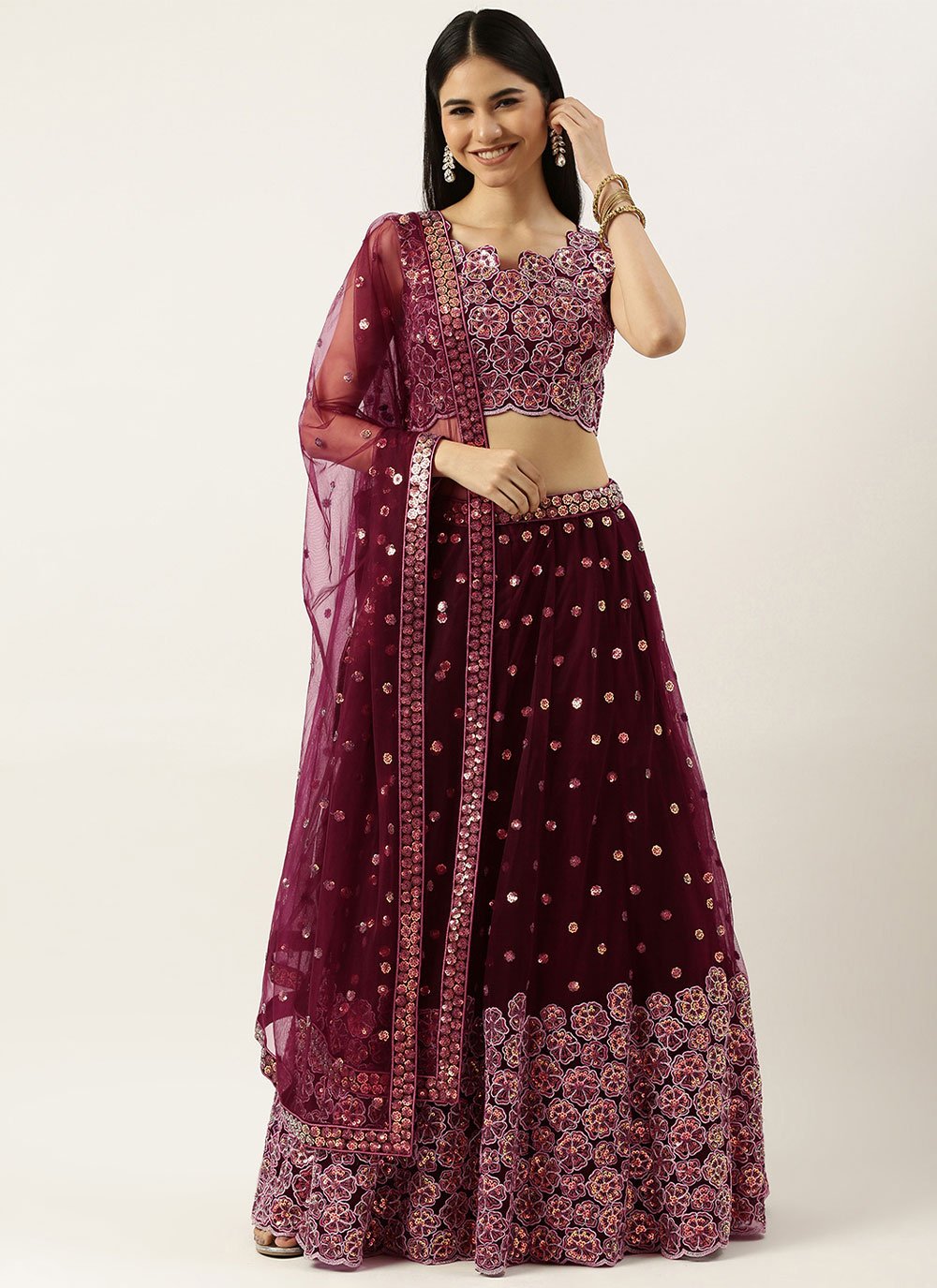 Lehenga Choli Net Maroon Embroidered Lehenga Choli