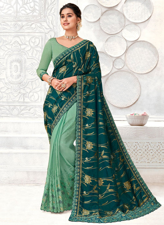 Contemporary Nylon Teal Digital Print Saree