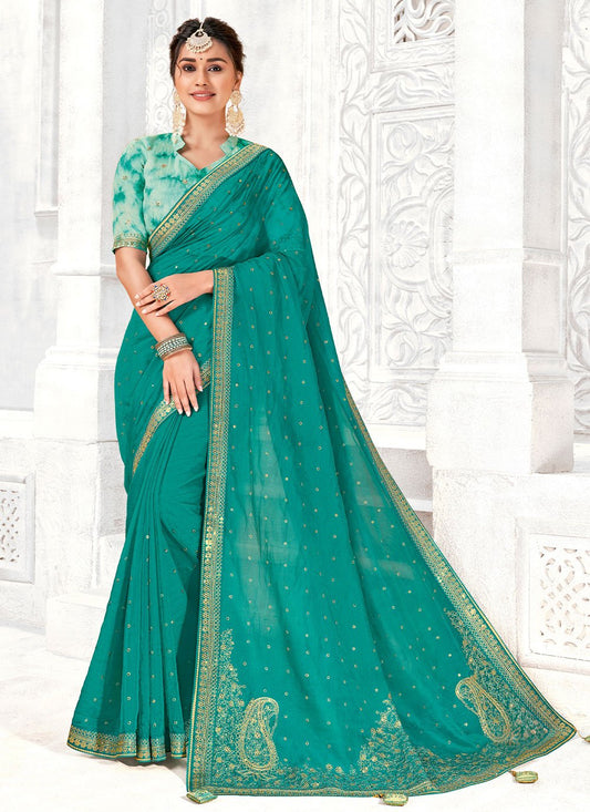 Contemporary Nylon Turquoise Digital Print Saree