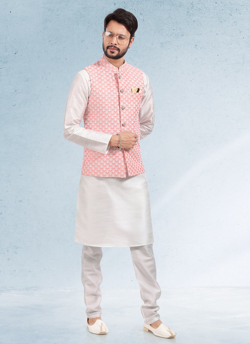 Kurta Payjama With Jacket Art Banarasi Silk Off White Peach Thread Mens