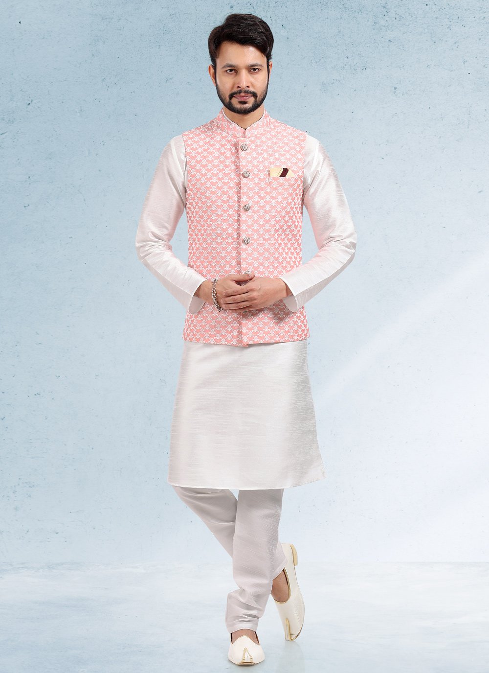 Kurta Payjama With Jacket Art Banarasi Silk Off White Peach Thread Mens