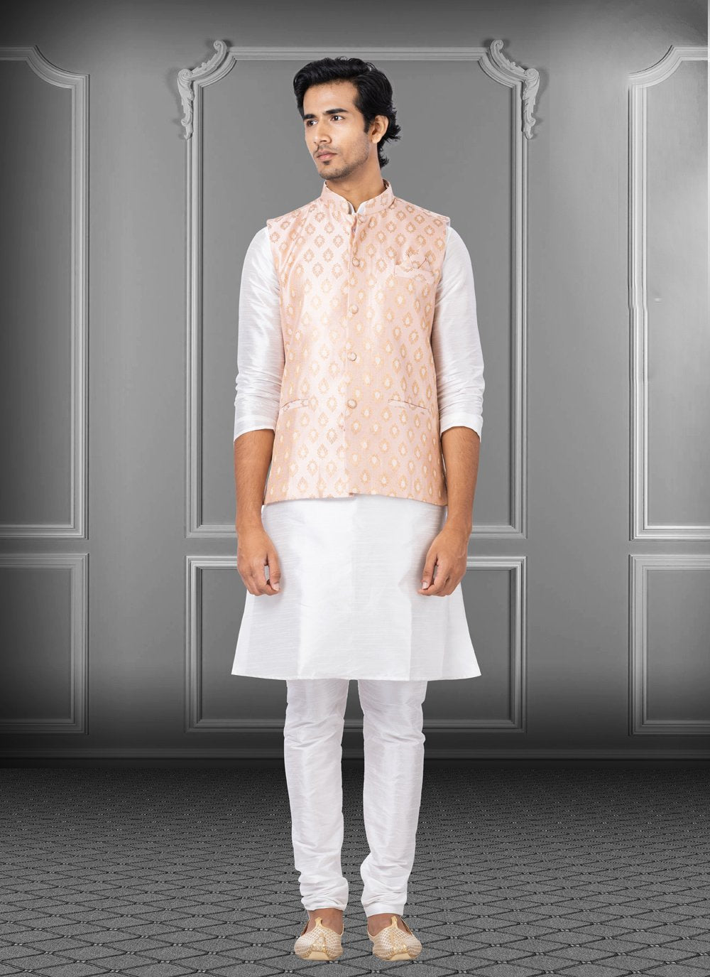 Kurta Payjama With Jacket Dupion Silk Off White Peach Fancy Work Mens