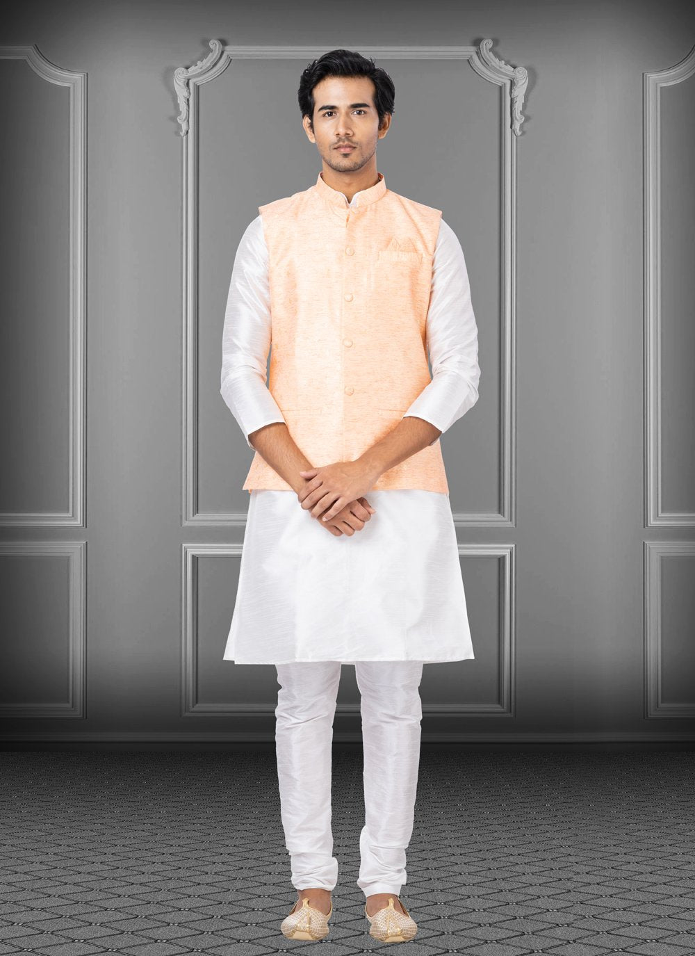 Kurta Payjama With Jacket Dupion Silk Fancy Fabric Off White Peach Fancy Work Mens