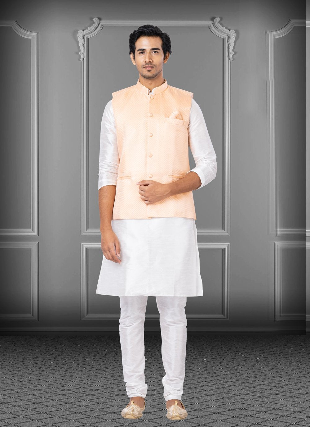 Kurta Payjama With Jacket Dupion Silk Linen Off White Peach Fancy Work Mens