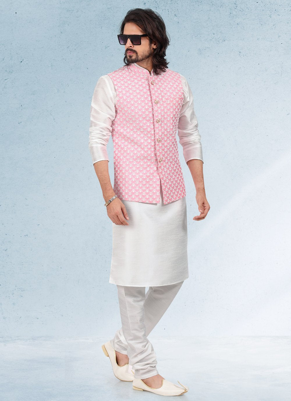 Kurta Payjama With Jacket Art Banarasi Silk Off White Pink Thread Mens