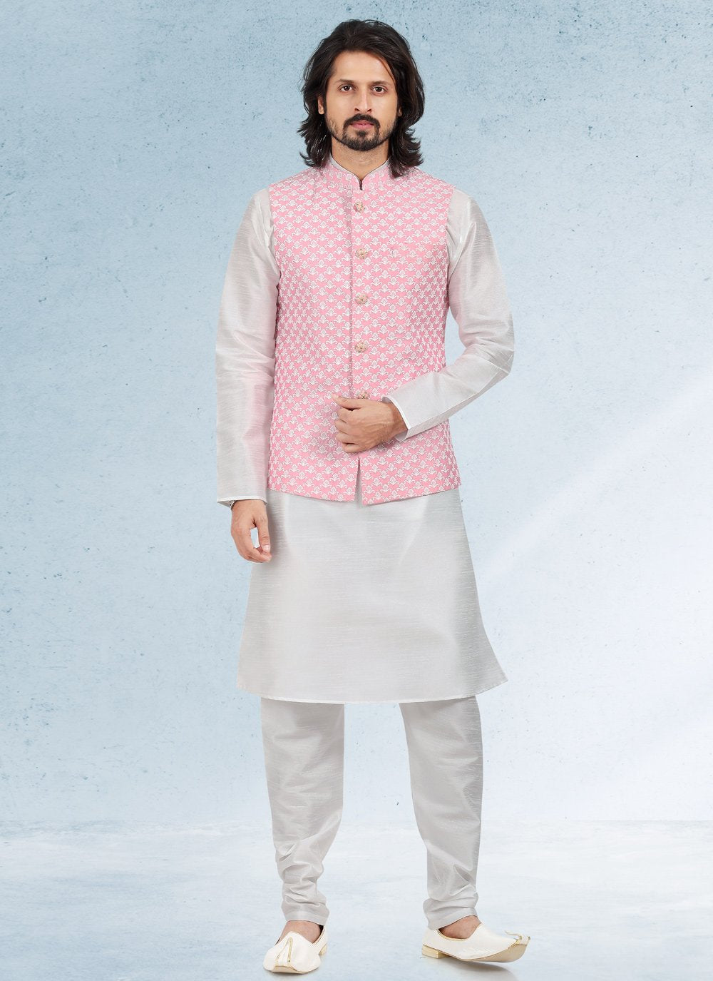 Kurta Payjama With Jacket Art Banarasi Silk Off White Pink Thread Mens