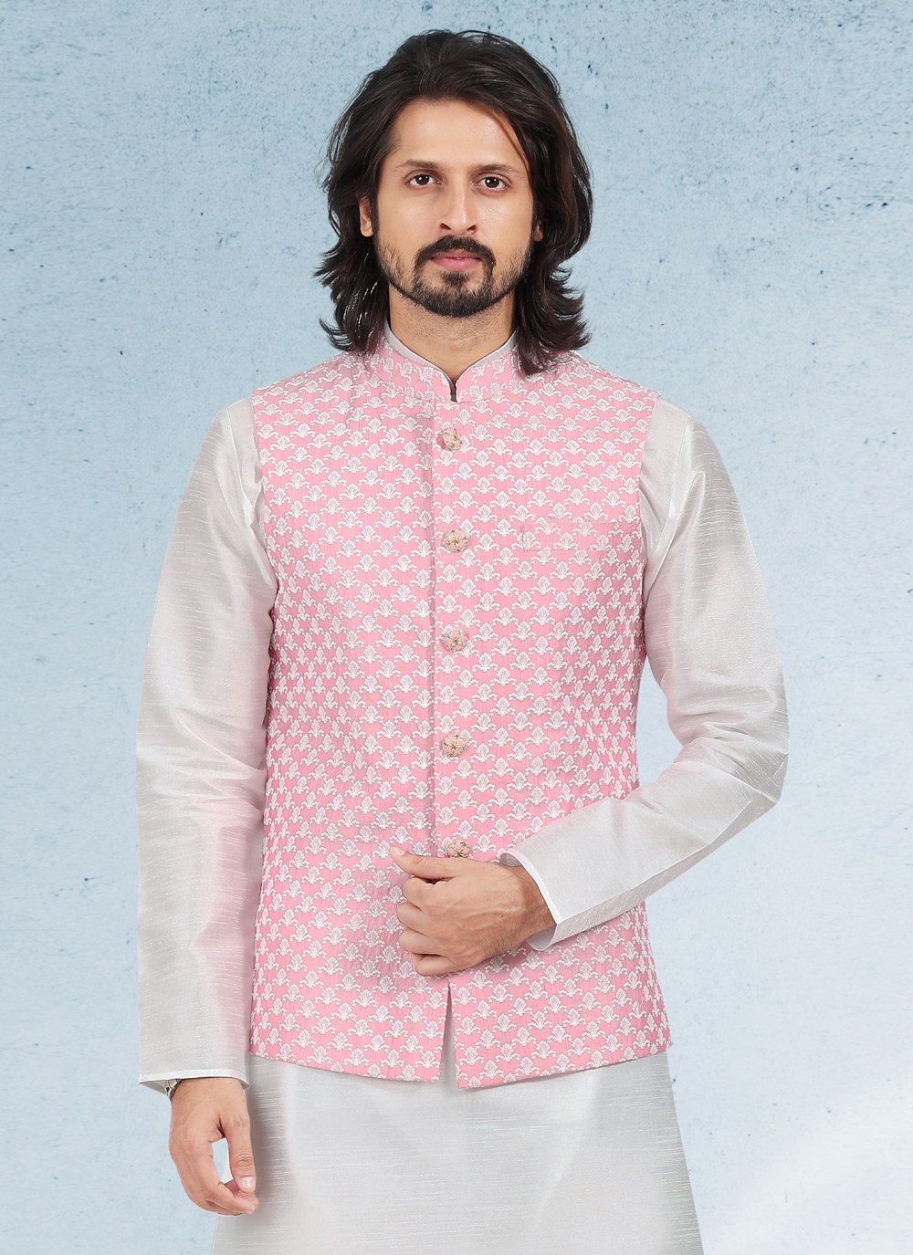 Kurta Payjama With Jacket Art Banarasi Silk Off White Pink Thread Mens