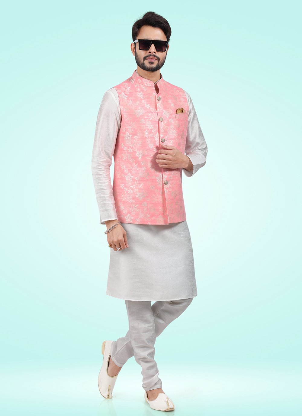 Kurta Payjama With Jacket Banarasi Jacquard Off White Pink Fancy Work Mens