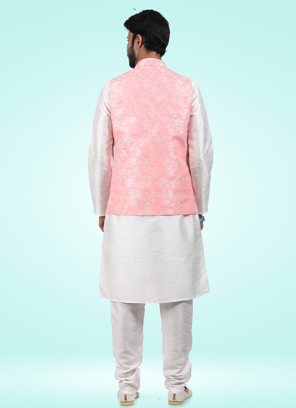 Kurta Payjama With Jacket Banarasi Jacquard Off White Pink Fancy Work Mens