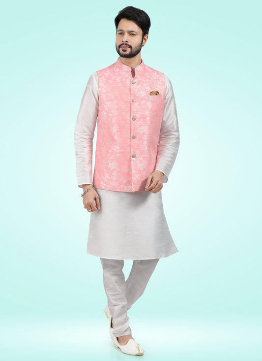 Kurta Payjama With Jacket Banarasi Jacquard Off White Pink Fancy Work Mens