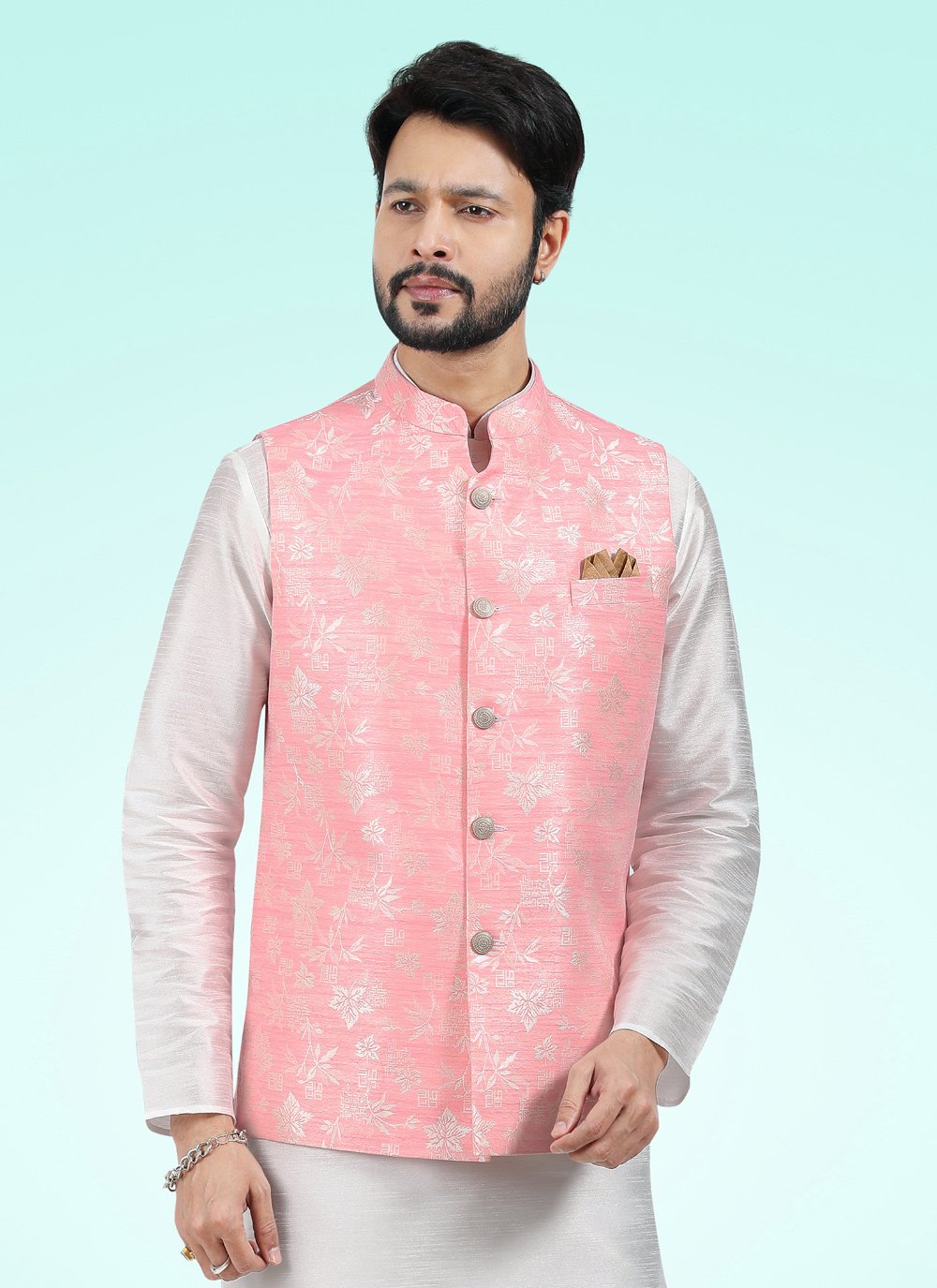 Kurta Payjama With Jacket Banarasi Jacquard Off White Pink Fancy Work Mens