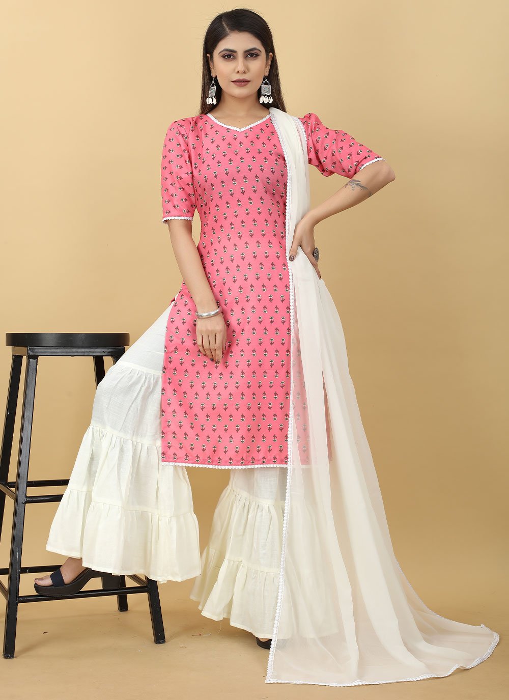 Sharara Set Cotton Off White Pink Digital Print Salwar Kameez