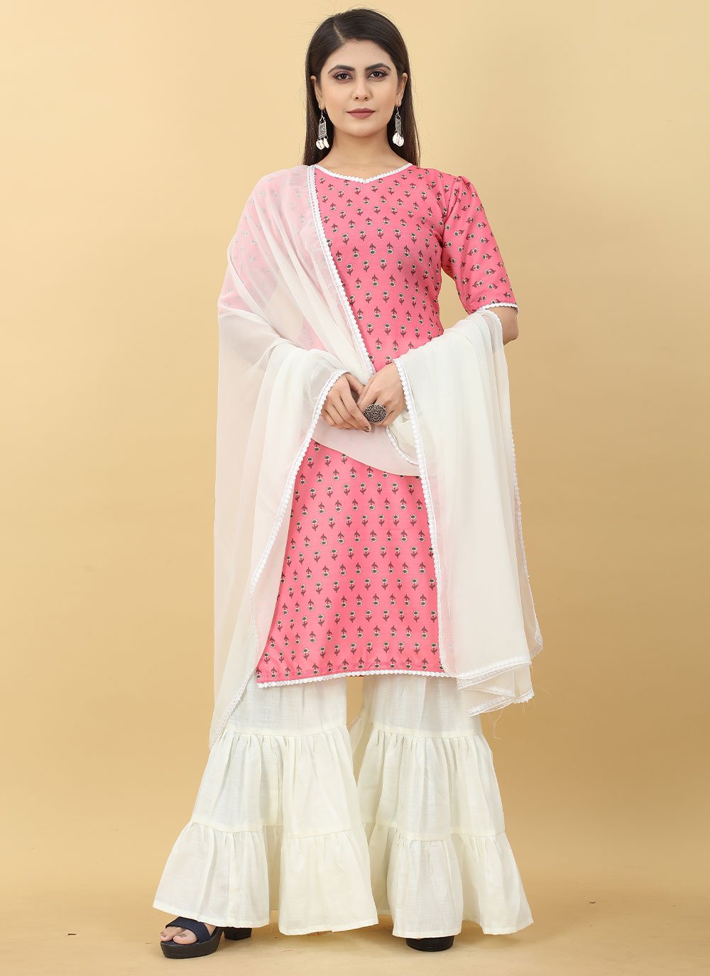 Sharara Set Cotton Off White Pink Digital Print Salwar Kameez